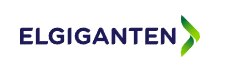 Logotyp för Elgiganten, nordisk elektronikkedja, blå text, grön dekorativ pil till höger.