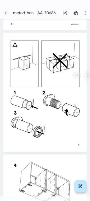 Illustrerade instruktioner för möbelmontering med varningsikoner och steg-för-steg-beskrivning av komponenter.