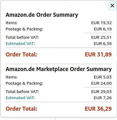 Skärmdump av Amazon.de beställningssammanställning, visar totala belopp för två order inklusive moms och frakt.