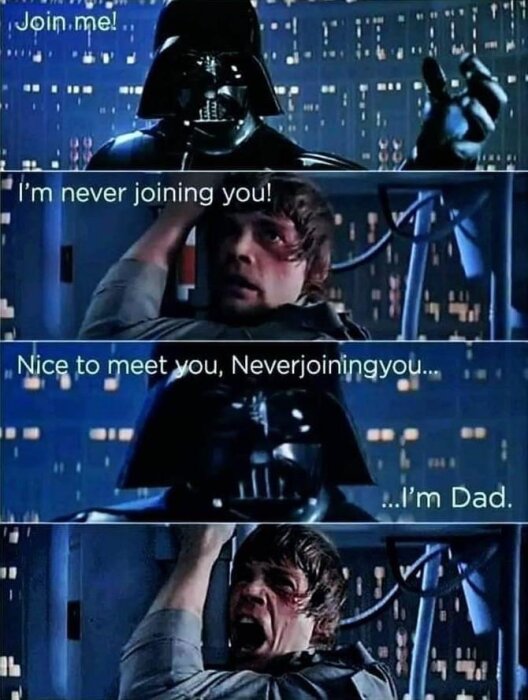 Humoristisk serietillverkad bild. Missförstånd. Darth Vader presenterar sig som "Jag är pappa" till en förvirrad Luke.