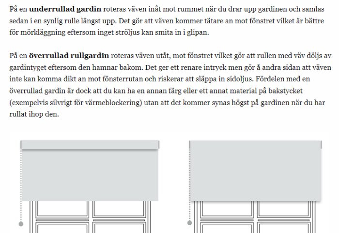 Bilden visar illustrationer av ett fönster med rullgardiner: en uppdragen och en neddragen. Text beskriver gardinernas orientering.