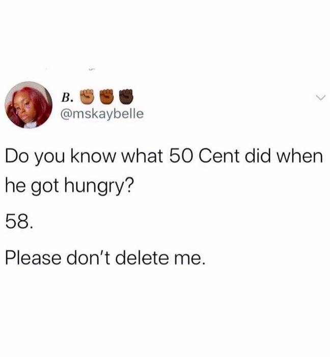 Skärmdump av ett Twitter-inlägg med ett skämt om 50 Cent som blivit "58".