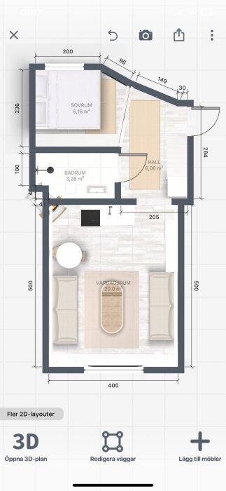 Översiktsplan av lägenhet, möblerad, sovrum, vardagsrum, badrum, hall, måttangivelser, digital plattform, designapplikation.