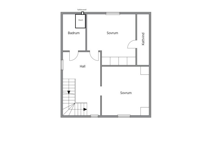 Planritning av en bostad med kök, vardagsrum, två sovrum, badrum, hall och trappa.