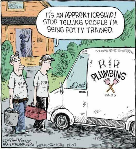 Seriebild med rörmokare: Lärling ber om att inte kallas "pottränad". Humor om lärlingsutbildning kontra barndomsutveckling.
