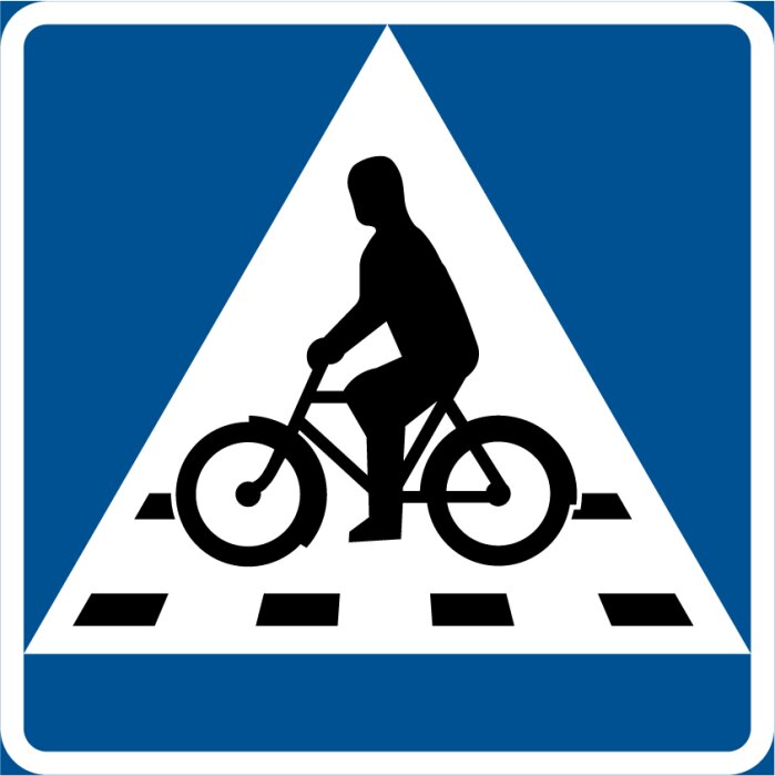 Vägmärke, cykelöverfart, grafisk representation, varningsmärke, vit och blå bakgrund.
