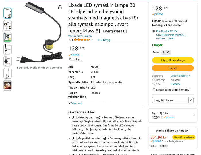 Onlineproduktbild för en svart LED-symsmaskinslampa med magnetisk bas.