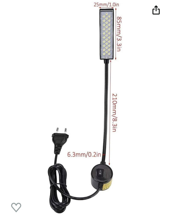 LED-lampa med flexibel arm, strömbrytare och europeisk stickkontakt. Måttangivelser ingår.