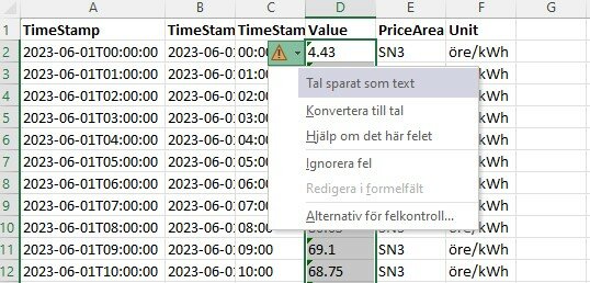 Excel-kalkylblad med tidsstämplar och värden, varningsruta för felkonvertering av text.