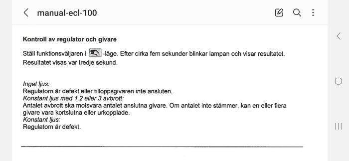 En svensk instruktion för kontroll av regulator och givare, med felsökningsinformation, på en elektronisk enhet.