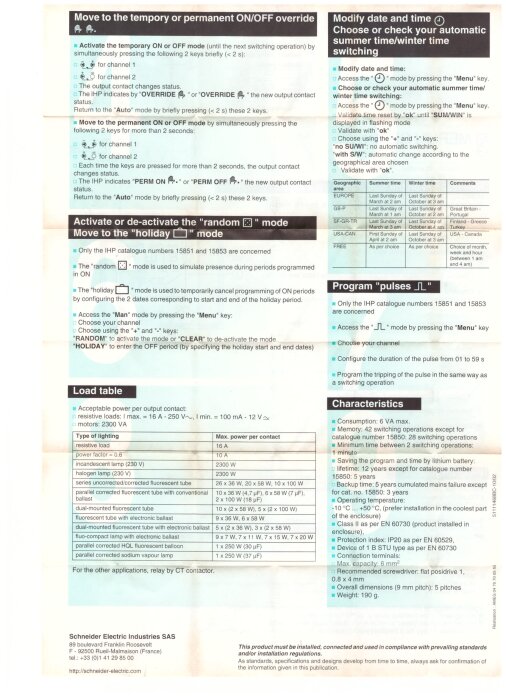 Instruktionsblad för Schneider Electric timer, olika lägen, lasttabell, tekniska egenskaper och installationskrav.