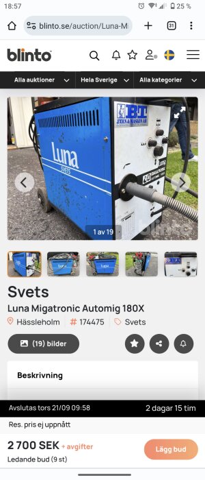 Skärmbild från auktionswebbplats, blå svetsenhet, Luna, Migatronic Automig 180X, budgivning pågår.