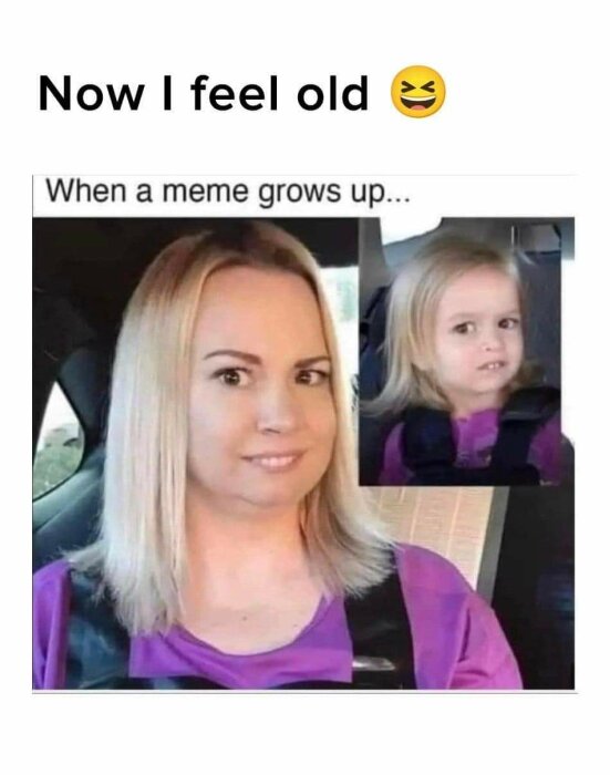 Meme-jämförelse, samma person som barn och vuxen, skämt om åldrande, känd bild omvandlad till vuxen version.