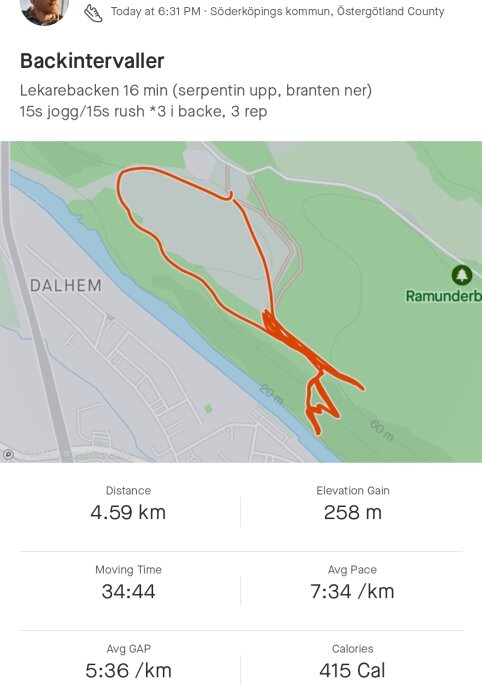 GPS-spår av backintervallöpning, 4.59 km, dalhem, tid och höjddata, träningsinformation.
