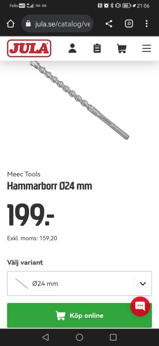 Skärmdump från JULA.se, visar Meec Tools hammarsborr, 24 mm, prissatt till 199 SEK.