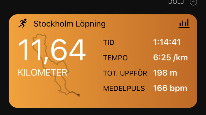 Skärmbild av löpapp, 11,64 km löpt, 1 timme 14 minuter, 198 meter uppför, 166 bpm.