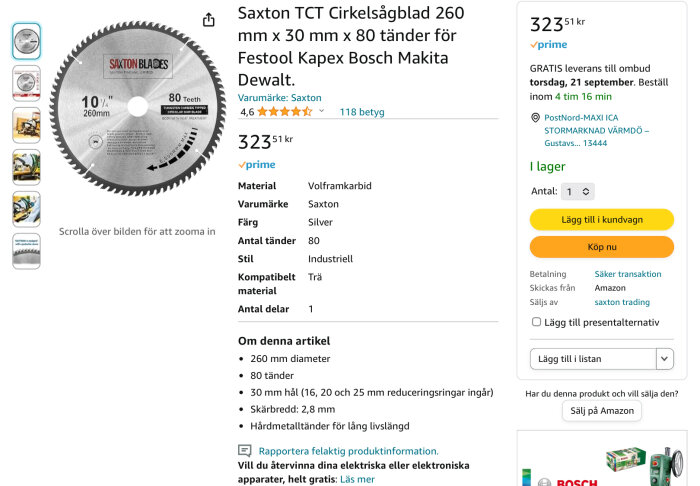 E-handelssida som visar Saxton cirkelsågblad, 260 mm, 80 tänder, silverfärgad.