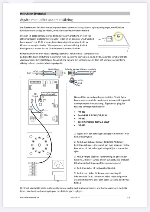 Instruktioner för att åtgärda utlösta automatiska säkringar i värmepumpar, inkluderar diagram och modellista.