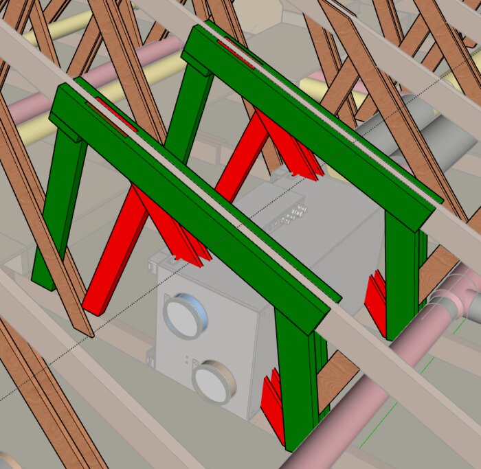 3D-modell av träbjälklag, gröna balkar, röda förstärkningsplattor, konstruktionsdetaljer, bakgrund av byggkomponenter.