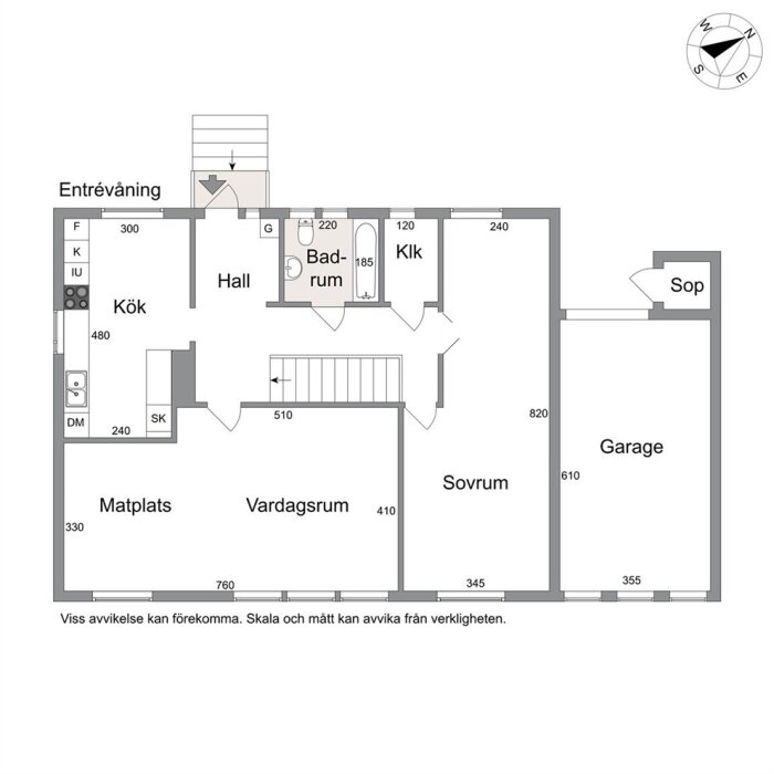 Planritning av en enplansvilla med kök, vardagsrum, sovrum, badrum, garage och noteringar om mått.