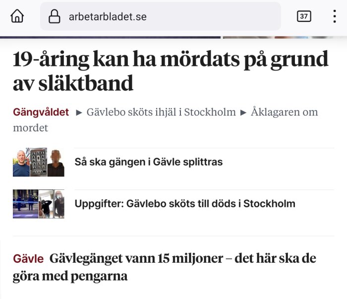 Nyhetswebbsida med rubriker om mord, gängvåld, och artiklar om Gävle, vissa bilder oskarpa för anonymitet.