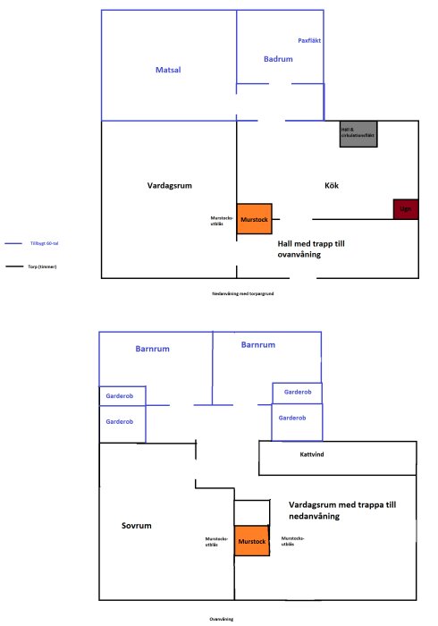 Planritning över två våningar i ett hus med rumsnamn och murstockar markerade.