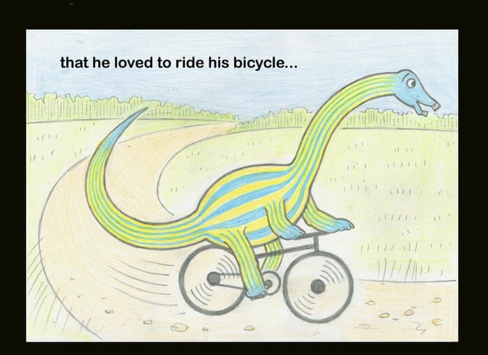 En tecknad dinosaurie cyklar glatt genom ett landskap. Text ovanför säger "that he loved to ride his bicycle...".