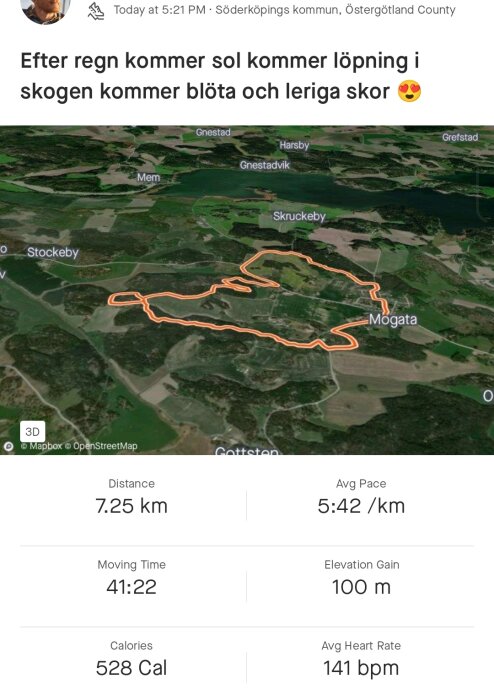 Karta över löptur, personliga träningsdata, terräng, distans 7,25 km, tid 41:22 minuter, 528 kalorier förbrukade.