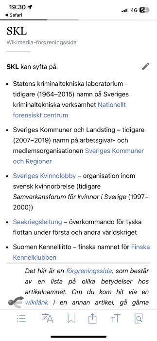 En skärmdump av en wikisida som listar olika betydelser för förkortningen "SKL" på svenska.