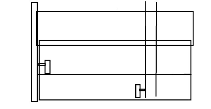 Geometrisk skiss, svartvit, abstrakt, linjer, rektanglar, potentiellt arkitektoniskt eller enkelt objekt.