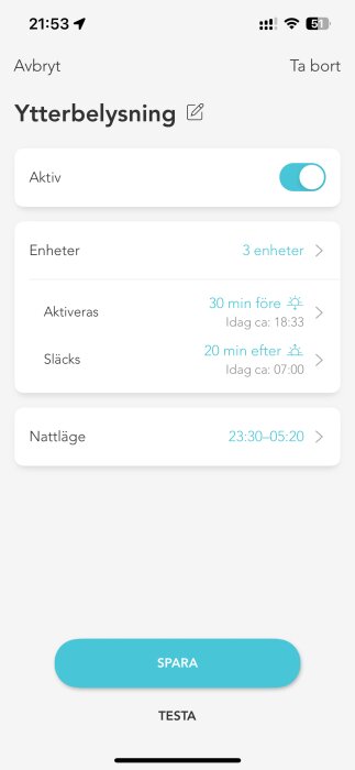 Skärmdump av gränssnitt för styrning av ytterbelysning med aktiverings- och släcktider inställda, i en app.