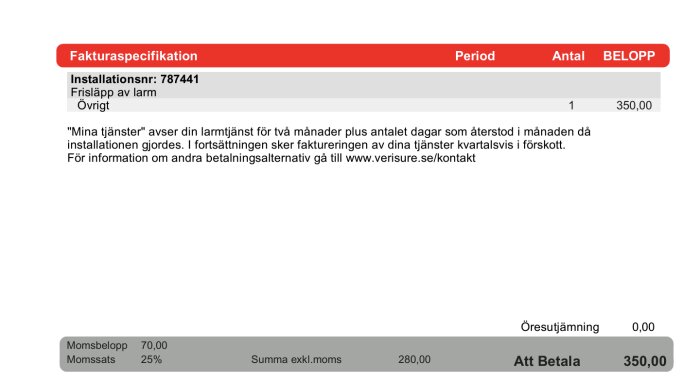 Fakturaspecifikation för larmtjänst, periodavgift, momsangivelser, totalbelopp 350,00 SEK att betala.