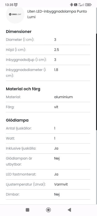 Produktinformation för liten, vit, LED-inbyggnadslampa. Specifikationer för storlek, material, ljustemperatur och dimbarhet.