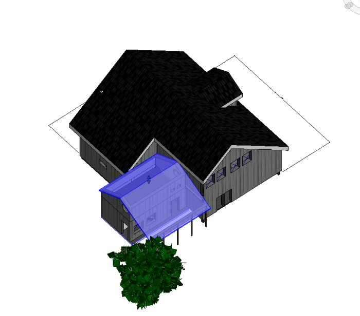 3D-modell av ett hus med svart tak, blå tillbyggnad och en grön buske.