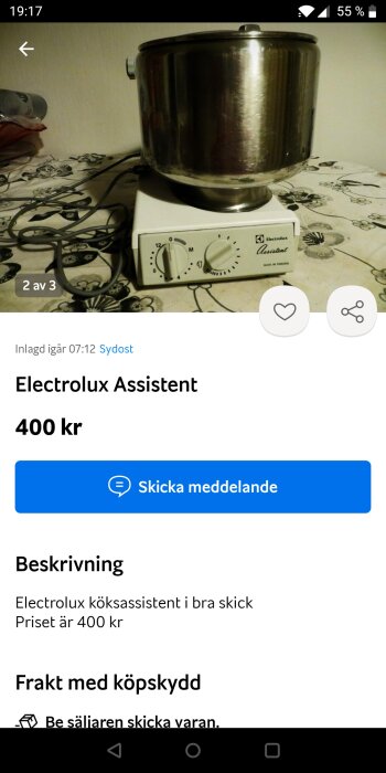 Köksmaskin på spis, Electrolux Assistent, till salu för 400 kronor, vit bakgrund, mobilskärmsgränssnitt.