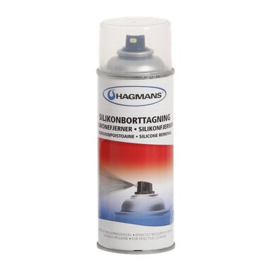En sprayburk märkt "Hagmans Silikonborttagning" för att avlägsna silikon. Den har en vit och röd etikett.