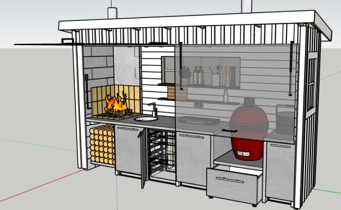 3D-modellerad uteköksdesign med vedeldad ugn, grill, förvaring och diskbänk.