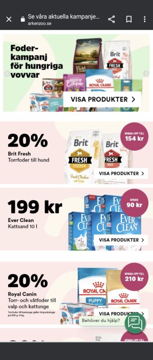 Reklamsida för djurprodukter; hundfoder, kattsand, kampanjerbjudanden. "Visa produkter" och priser synliga.