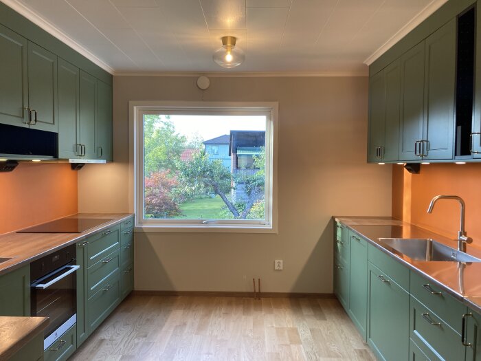 Ett modernt kök med gröna skåp, träbänkskiva, stort fönster med utsikt, tomt och nyrenoverat.