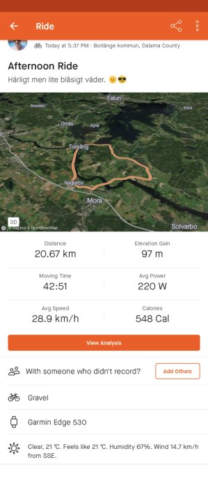 Cykeltur, 20.67 km, soligt, vindigt, Borlänge, distans, hastighet, kalorier, Garmin, väderinformation.