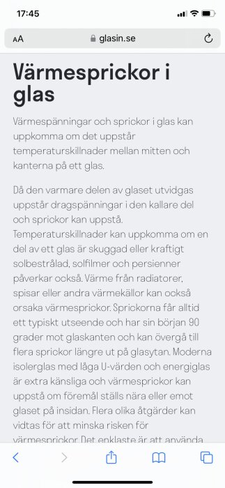 Svensk text om varmesprickor i glas och orsaker som temperaturskillnader, skugga, och värmekällor. Webbgränssnitt med adressfält.