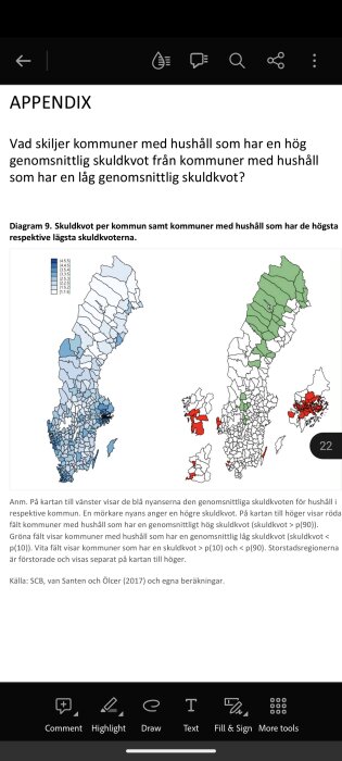 Svensk karta som visar skuldkvot per kommun. Blåtoner indikerar skuldkvoten; röda och gröna fält visar extremer.