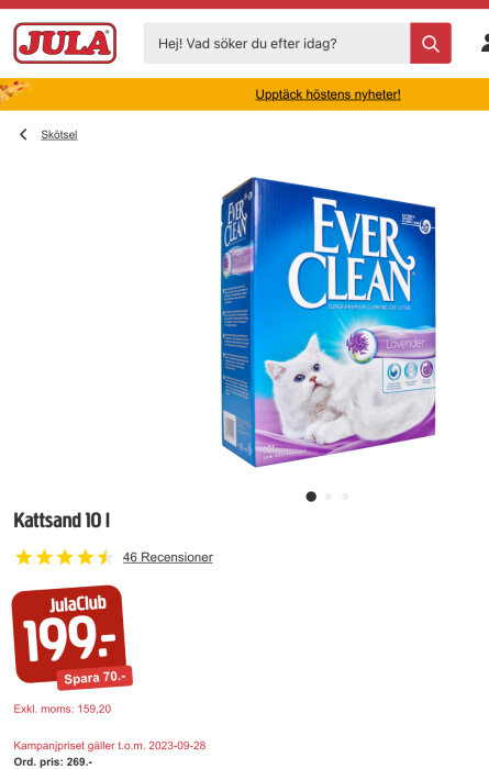 Förpackning av Ever Clean kattsand med lavendeldoft på en onlinebutiksida. Rabatterat pris, kundrecensioner.