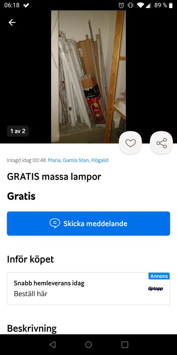 En skärmdump av en marknadsplatsannons som erbjuder gratis lampor, inlägg gjort nyligen.