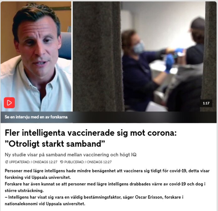 Artikel om studie som länkar IQ till COVID-19-vaccination. Man intervjuar, vaccinationsscenario i bakgrunden.