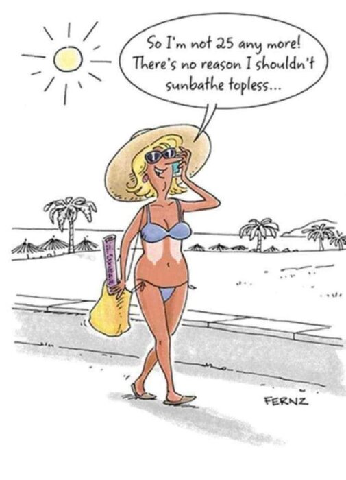 Illustration: kvinna i bikini och hatt pratar om att sola toppless. Humoristisk ton, solig stranddag.