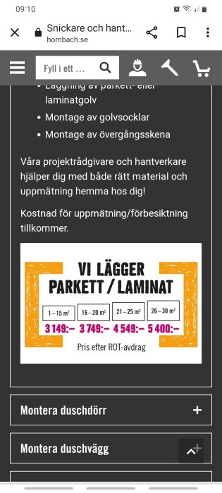 Skärmdump från hemsida som erbjuder golvläggningstjänster med priser efter ROT-avdrag.