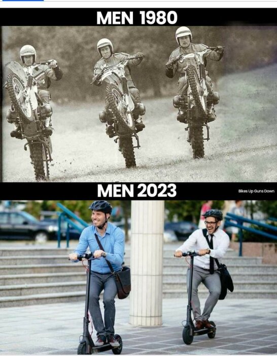 Humoristisk jämförelse: 1980-talets motocrossförare mot 2020-talets elsparkcykelåkare.