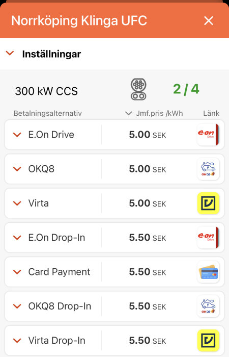 Appskärm visar elbilsladdstation i Norrköping, flera betalningsalternativ med priser.