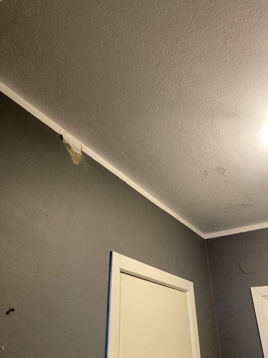 Bild visar ett rumshörn med fuktskada på gråa väggar intill en vit dörrkarm.